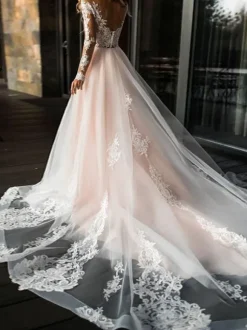 Robe de mariée rose col rond manche longue transparente à traîne robe de mariage Robe de mariée colorée