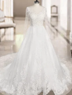 Robe de mariée rose col rond manche longue transparente à traîne robe de mariage Robe de mariée colorée