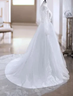 Robe de mariée rose col rond manche longue transparente à traîne robe de mariage Robe de mariée colorée