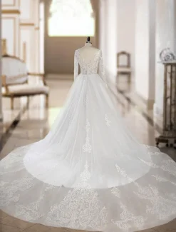 Robe de mariée rose col rond manche longue transparente à traîne robe de mariage Robe de mariée colorée