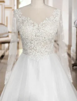 Robe de mariée rose col rond manche longue transparente à traîne robe de mariage Robe de mariée colorée