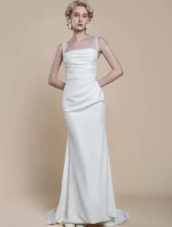 Robe de mariée simple à décolleté sans manches avec perles et sirène