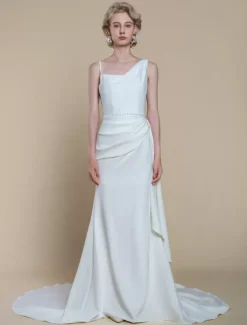 Robe de mariée simple à encolure sirène sans manches avec perles 60 cm