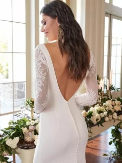 Robe de mariée simple 2026 sirène col carré manches longues dentelle à traîne