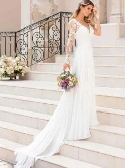Robe de mariée simple blanche col V manche longue en dentelle