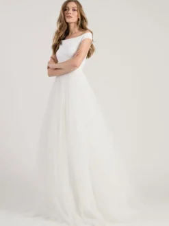 Robe de mariée simple blanche col bateau haut en satin jupe plissée en tulle à traîne Robe de mariage