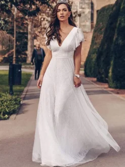 Robe de mariée simple blanche en dentelle col en v manches courtes dos nu volants une ligne taille naturelle longues robes de mariée