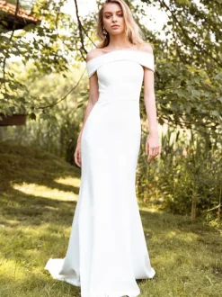 Robe de mariée simple blanche col bateau au sol robe de mariage