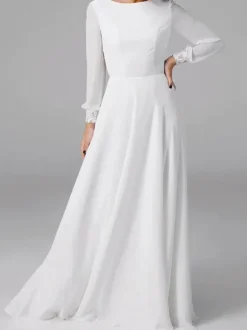 Robe de mariée simple blanche col rond manche longue en dentelle Robes de mariage