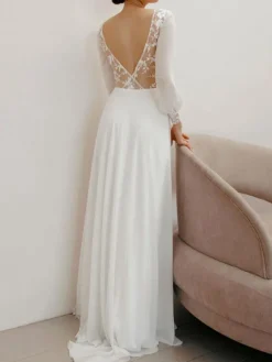 Robe de mariée simple blanche col rond manche longue en dentelle Robes de mariage