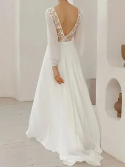 Robe de mariée simple blanche col rond manche longue en dentelle Robes de mariage