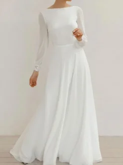 Robe de mariée simple blanche col rond manche longue en dentelle Robes de mariage