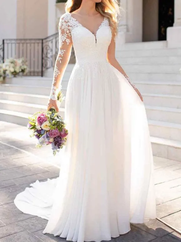 Robe de mariée simple en dentelle col V manche longue transparente à traîne