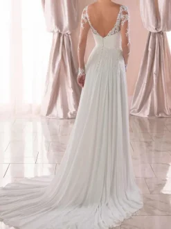 Robe de mariée simple en dentelle col V manche longue transparente à traîne