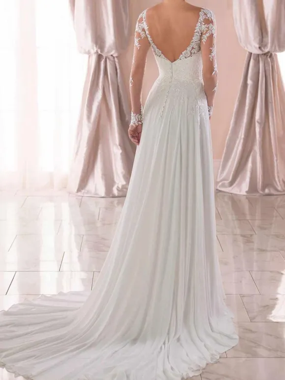 Robe de mariée simple en dentelle col V manche longue transparente à traîne