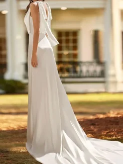 Robe de mariée simple en Lycra et spandex col en V sans manches avec n艙uds ligne a 60cm robes de mariée