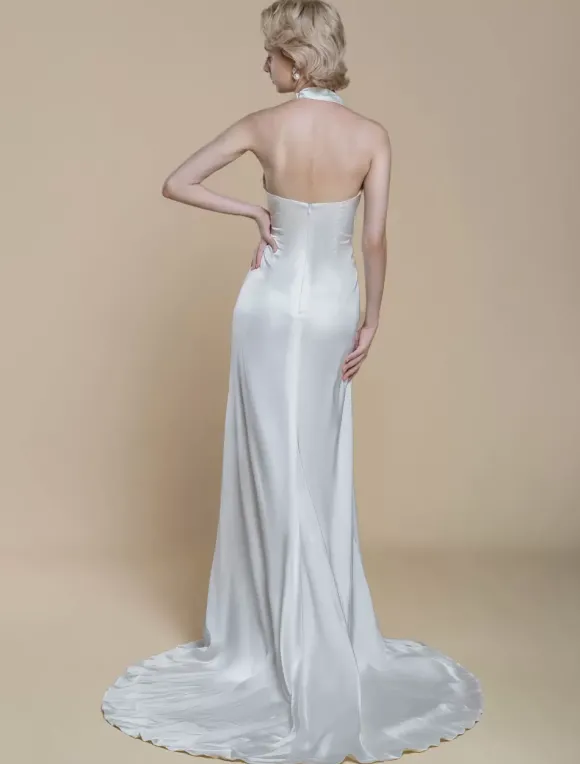 Robe de mariée simple en polyester avec décolleté sans manches et fleurs gaine 50 cm