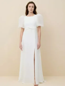 Robe de mariée simple en satin col bijou manches courtes ceinture coupe trapèze