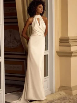 Robe de mariée simple en tissu satiné col en V sans manches robes de mariée sirène