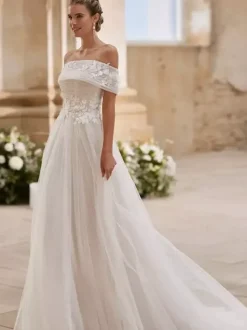 Robe de mariée simple en tulle bustier manches courtes ornée d'appliqués coupe trapèze