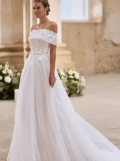 Robe de mariée simple en tulle bustier manches courtes ornée d'appliqués coupe trapèze