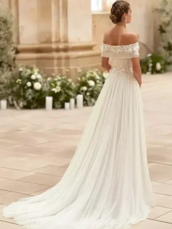 Robe de mariée simple en tulle bustier manches courtes ornée d'appliqués coupe trapèze