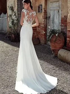 Robe de mariée simple ivoire col rond en dentelle sans manche jupe sirène à traîne Robe de mariage