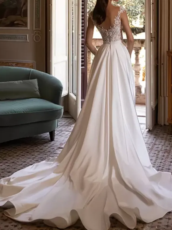 Robe de mariée simple robe de mariée sirène traîne amovible col rond zip sur dos