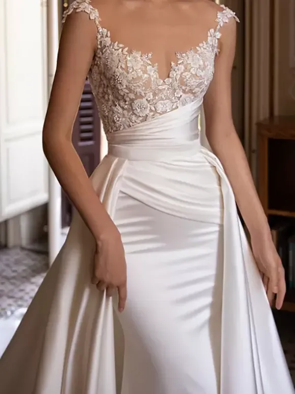 Robe de mariée simple robe de mariée sirène traîne amovible col rond zip sur dos