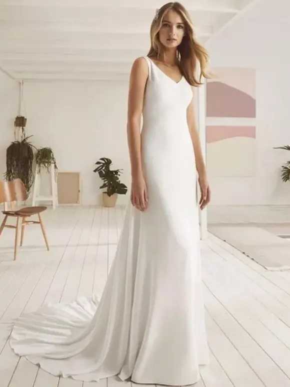 Robe de mariée simple robe de bal col en V sans manches dentelle 40 cm