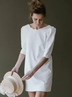 Robe de mariée simple robe de mariée courte col rond dos en V manche 3/4 robe mariage civil