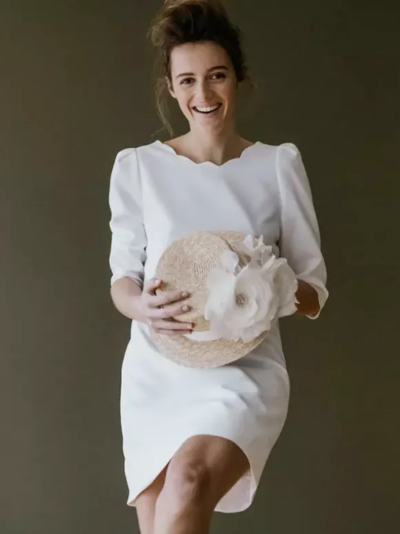 Robe de mariée simple robe de mariée courte col rond dos en V manche 3/4 robe mariage civil