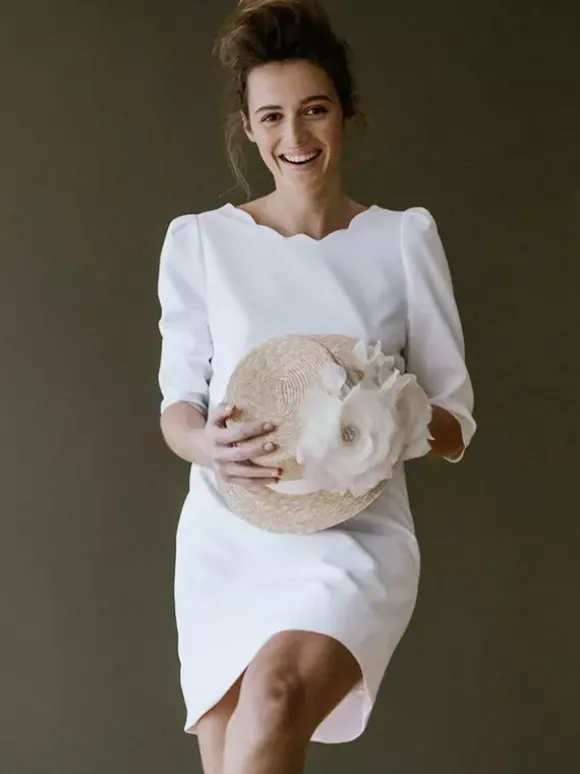 Robe de mariée simple robe de mariée courte col rond dos en V manche 3/4 robe mariage civil