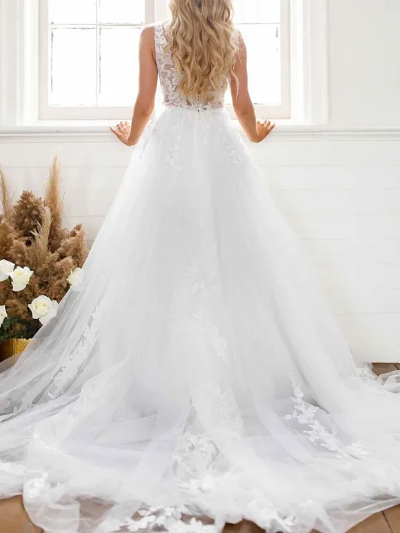Robe de mariée simple robe de mariage col V dos nu en dentelle à traîne