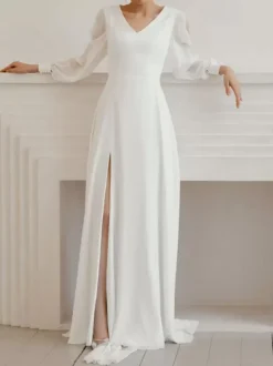 Robe de mariée simple robe de mariage col V manche longue en chiffon jupe fendue