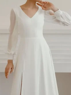 Robe de mariée simple robe de mariage col V manche longue en chiffon jupe fendue