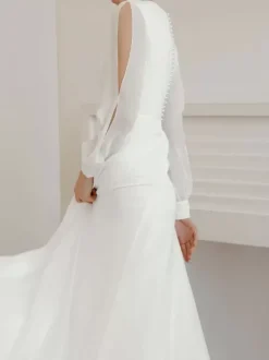 Robe de mariée simple robe de mariage col V manche longue en chiffon jupe fendue