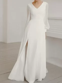 Robe de mariée simple robe de mariage col V manche longue en chiffon jupe fendue