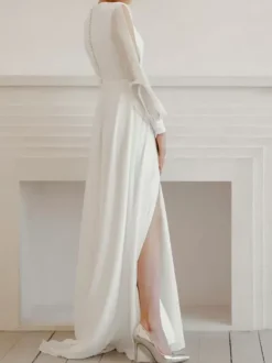 Robe de mariée simple robe de mariage col V manche longue en chiffon jupe fendue