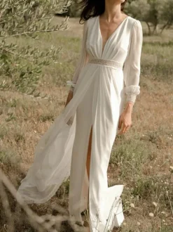 Robe de mariée simple robe de mariage col V manche longue jupe fendue au sol