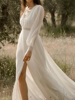 Robe de mariée simple robe de mariage col V manche longue jupe fendue au sol