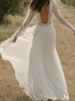 Robe de mariée simple robe de mariage col V manche longue jupe fendue au sol