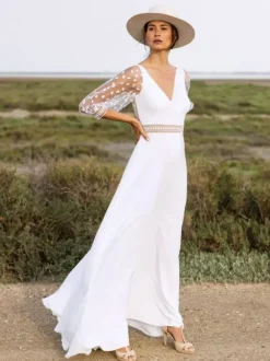 Robe de mariée simple robe de bal col en V manches 3/4 robe de mariée en dentelle