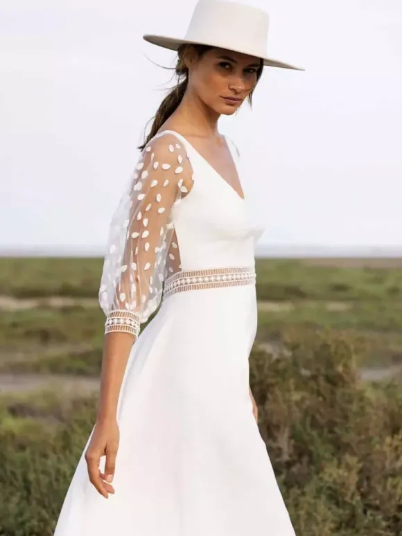 Robe de mariée simple robe de bal col en V manches 3/4 robe de mariée en dentelle