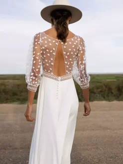Robe de mariée simple robe de bal col en V manches 3/4 robe de mariée en dentelle