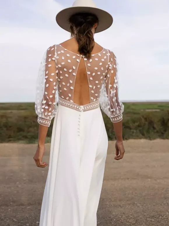 Robe de mariée simple robe de bal col en V manches 3/4 robe de mariée en dentelle