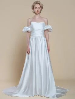 Robe de mariée simple silhouette princesse sans bretelles manches courtes 30 cm robes de mariée
