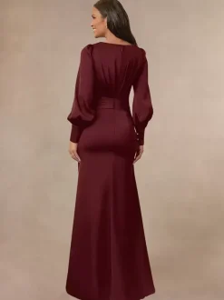Robe de mariée sirène plissée pour mère col en v manches longues robes d'invitées pour mariage