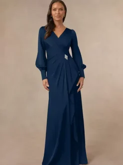 Robe de mariée sirène plissée pour mère col en v manches longues robes d'invitées pour mariage