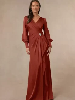 Robe de mariée sirène plissée pour mère col en v manches longues robes d'invitées pour mariage